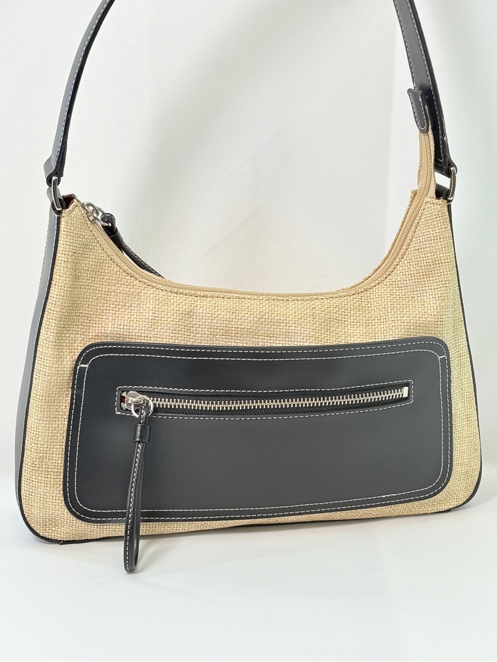 Liz Claiborne Beige Straw Weave Handbag Neutral Black Trim - Picture 3 of 15